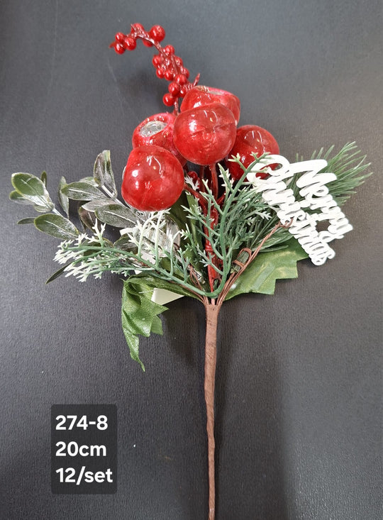 Crenguță artificială de Crăciun cu fructe și mesaj Merry Christmas – 20cm 12/set
