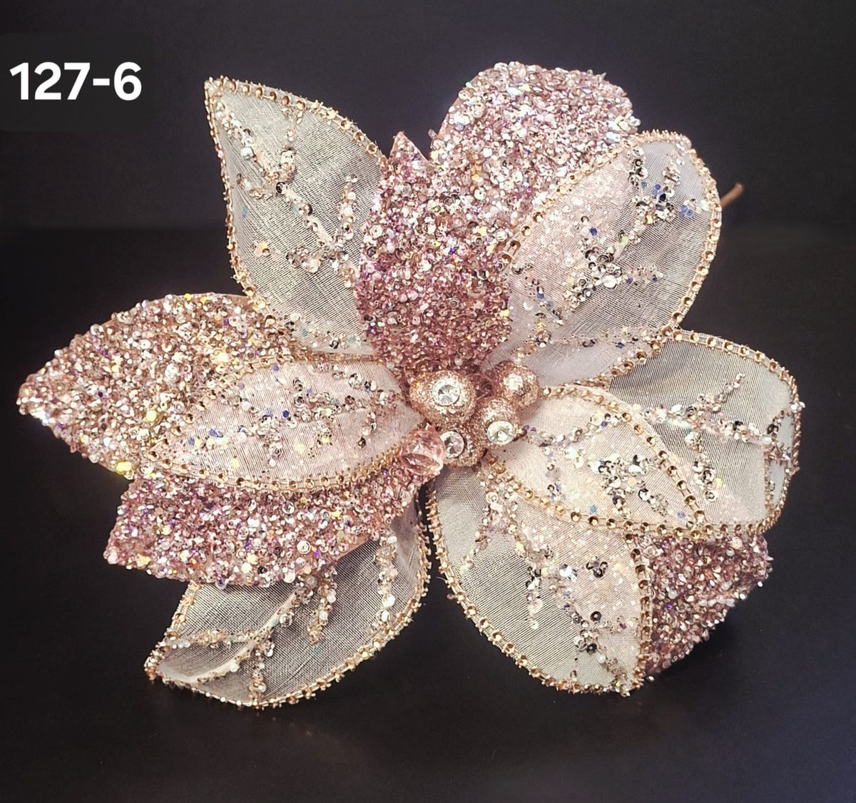 Floare decorativă de Crăciun roz pudrat cu paiete și cristale – Ø 35cm, tijă 50cm