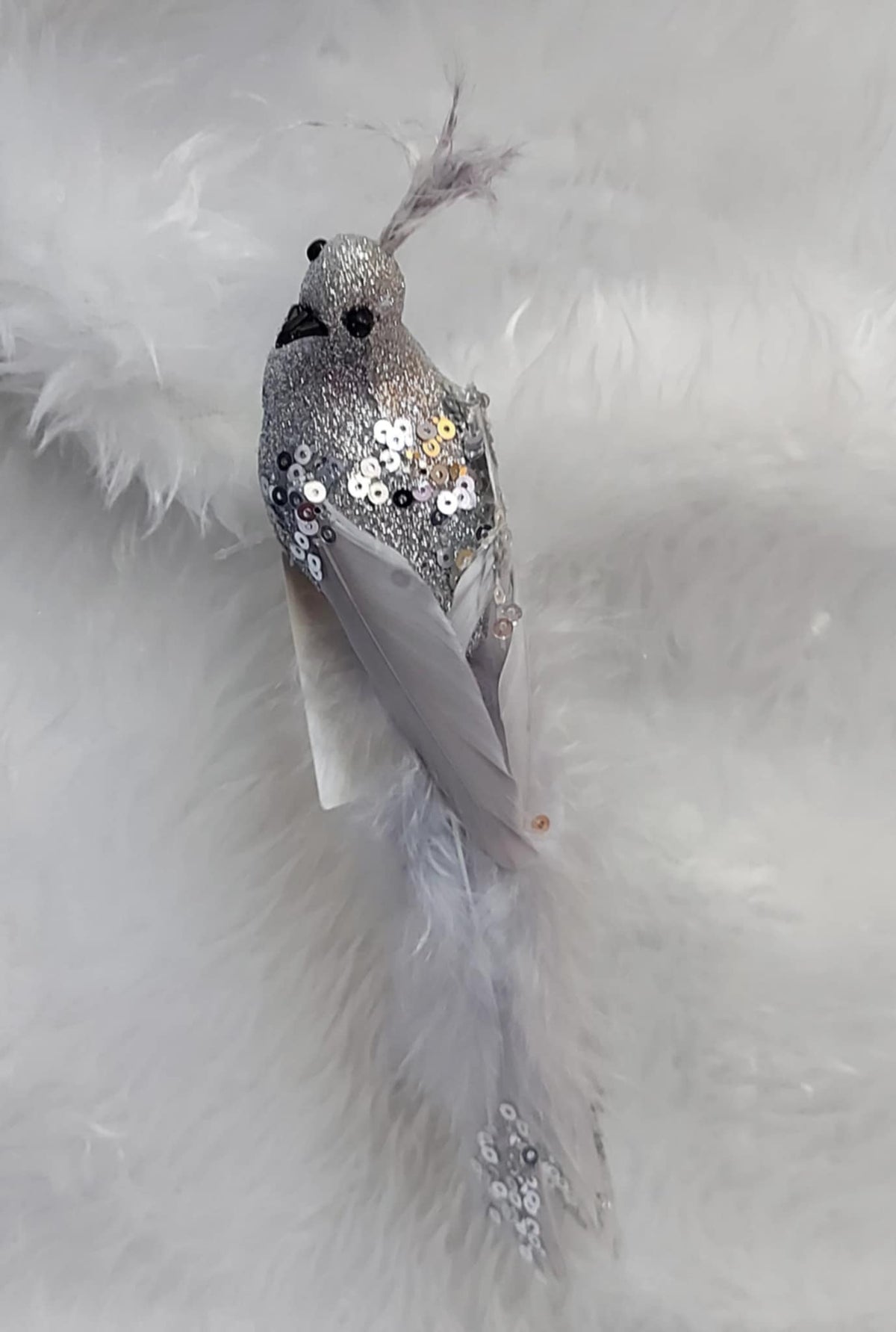 Ornament Crăciun Pasăre Argintie cu Coada Lungă și Pene - 10cm 10/set