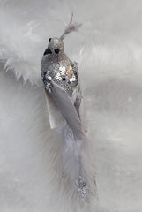 Ornament Crăciun Pasăre Argintie cu Coada Lungă și Pene - 10cm 10/set