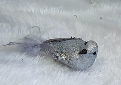 Ornament Crăciun Pasăre Argintie cu Pene și Sclipici - 15cm 10/set