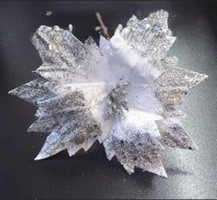 Flori Crăciun albe cu sclipici argintiu - 10/set