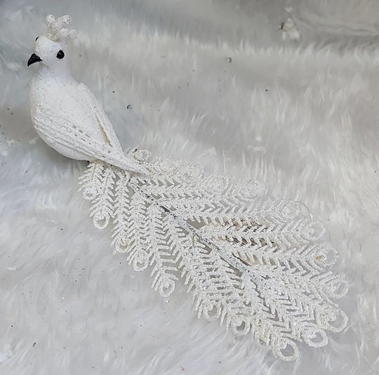 Ornament Crăciun Păun Alb cu Coada Lungă Glitter - 20cm