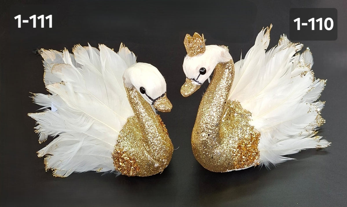 Lebeda Decorativa Alba cu Pene și Sclipici Auriu