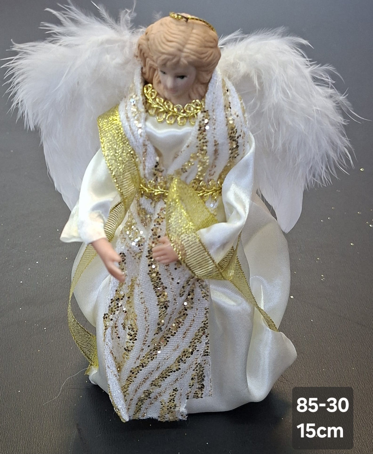 Înger decorativ Crăciun alb cu auriu cu aripi din pene  - 15cm 5/set