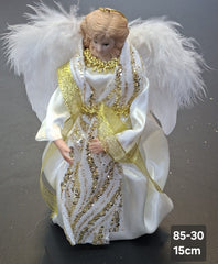 Înger decorativ Crăciun alb cu auriu cu aripi din pene  - 15cm 5/set