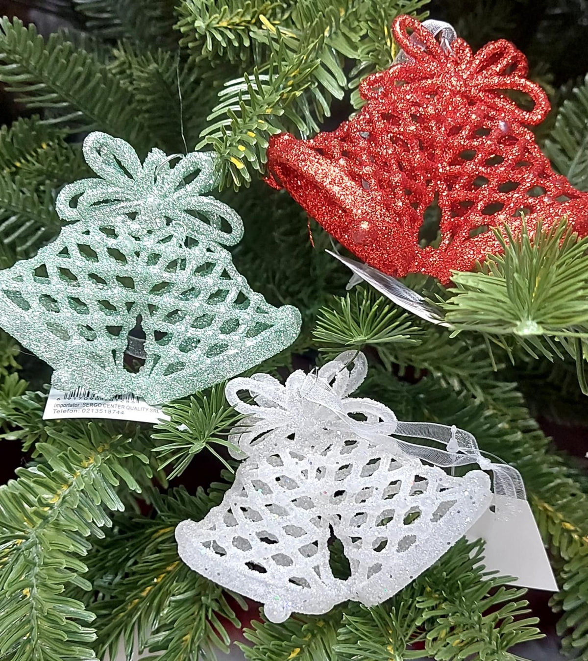 Set 12 ornamente de Crăciun în formă de clopoței, cu sclipici – Verde Mentă, Roșu sau Alb Irizat - 9-11cm