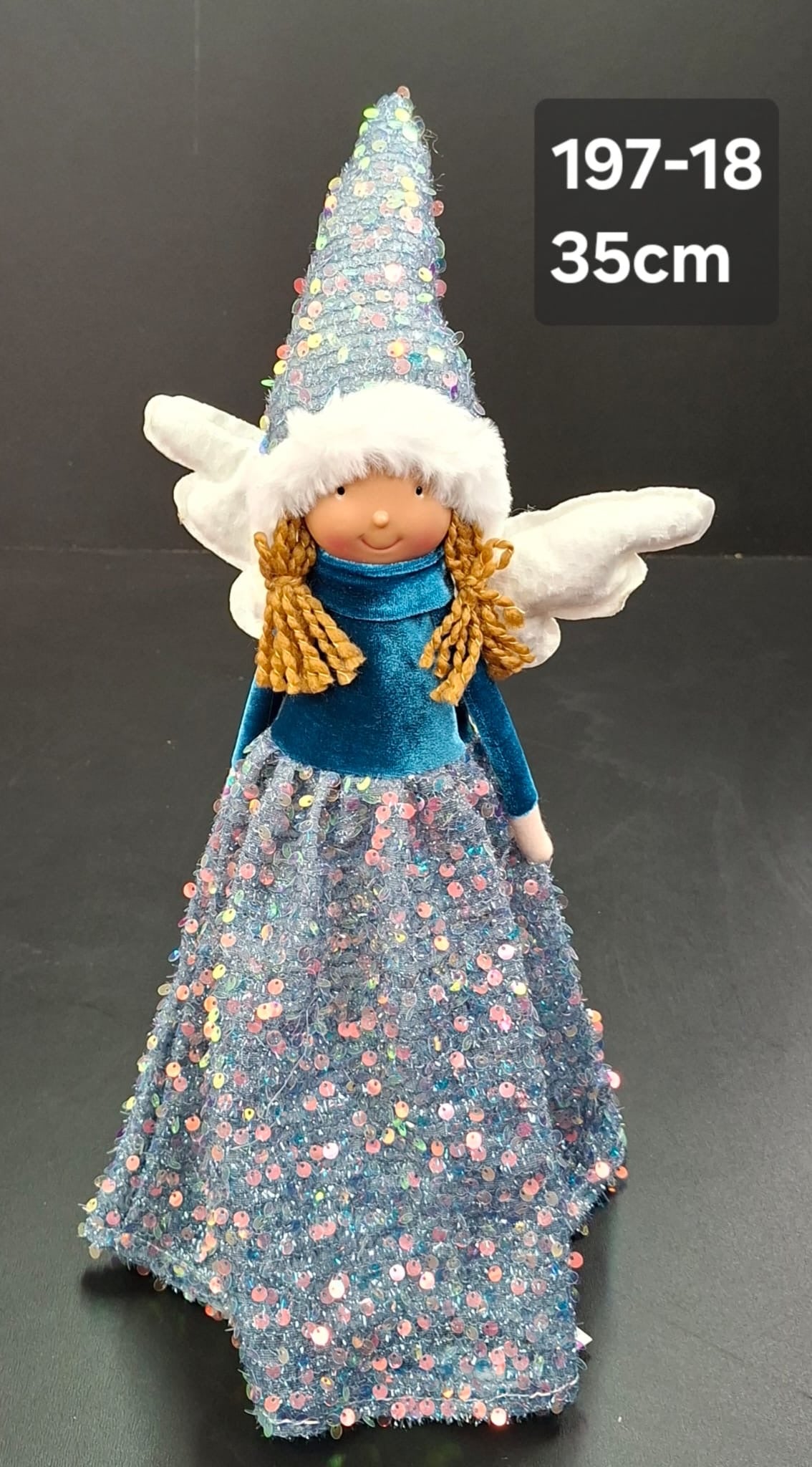 Îngeraș decorativ albastru cu aripi și pălărie conică - 35cm