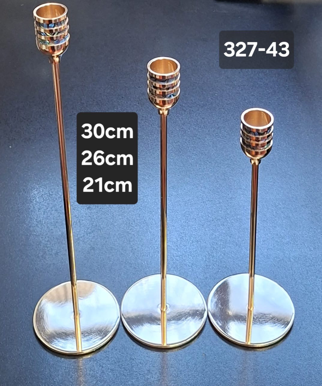 Set 3 sfeșnice elegante metalice aurii – 30cm, 26cm, 21cm