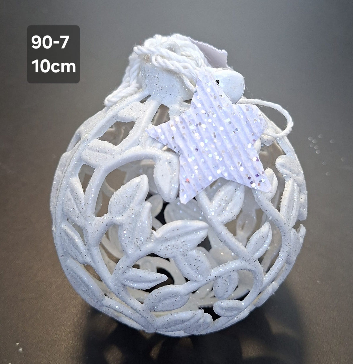 Glob decorativ alb cu frunze și stea sclipici - 10cm set 10 bucati