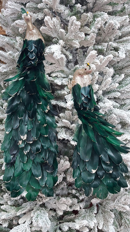 Păun Decorativ Verde Smarald cu Auriu și Pene Elegante – 80cm | Ornament de Crăciun Premium