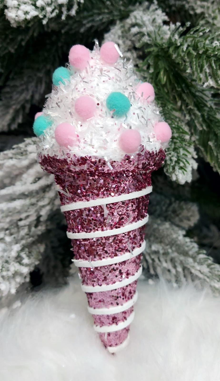 Înghețată decorativă roz cu pompoane pastel – 1cm set 10 bucati