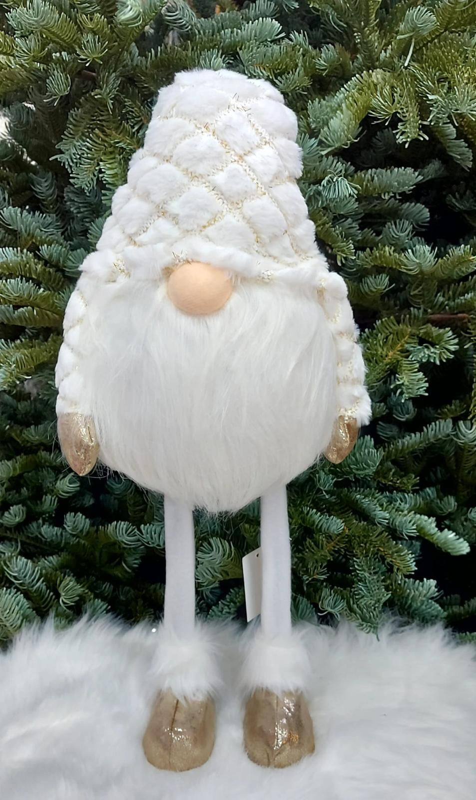 Gnom Decorativ Alb cu Căciulă Pufoasă în Carouri Aurii – 50cm