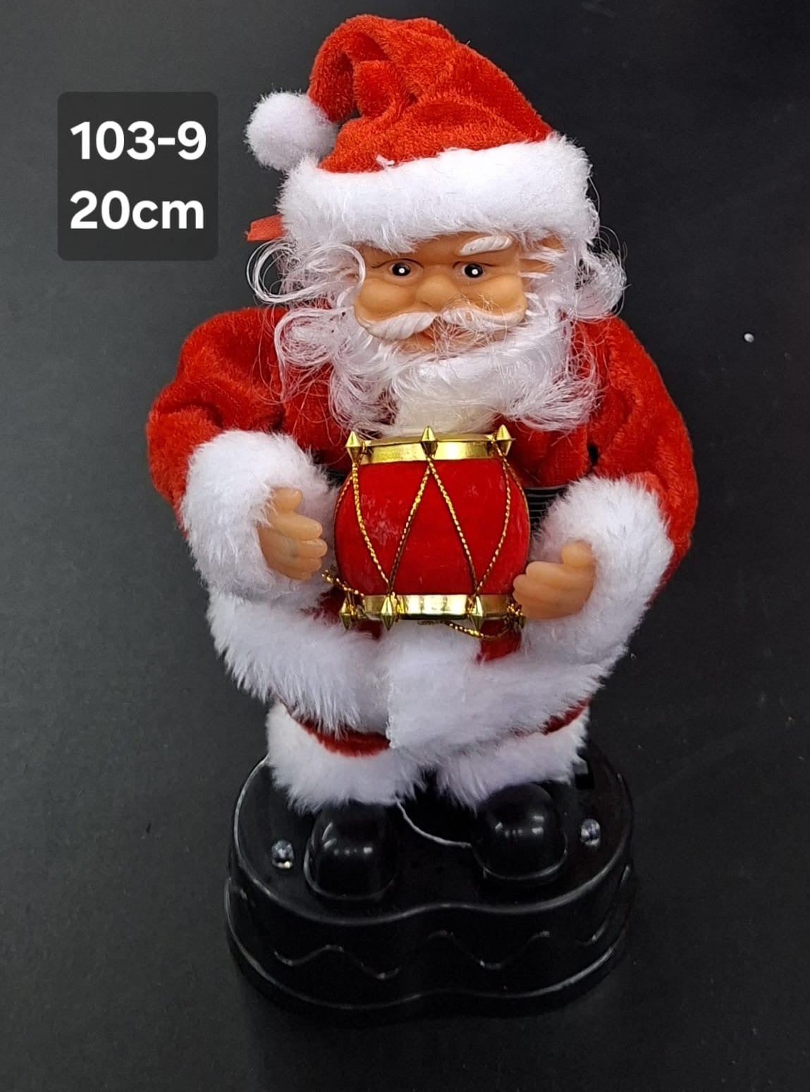 Moș Crăciun cu tobă, decor muzical cu baterii - 20cm