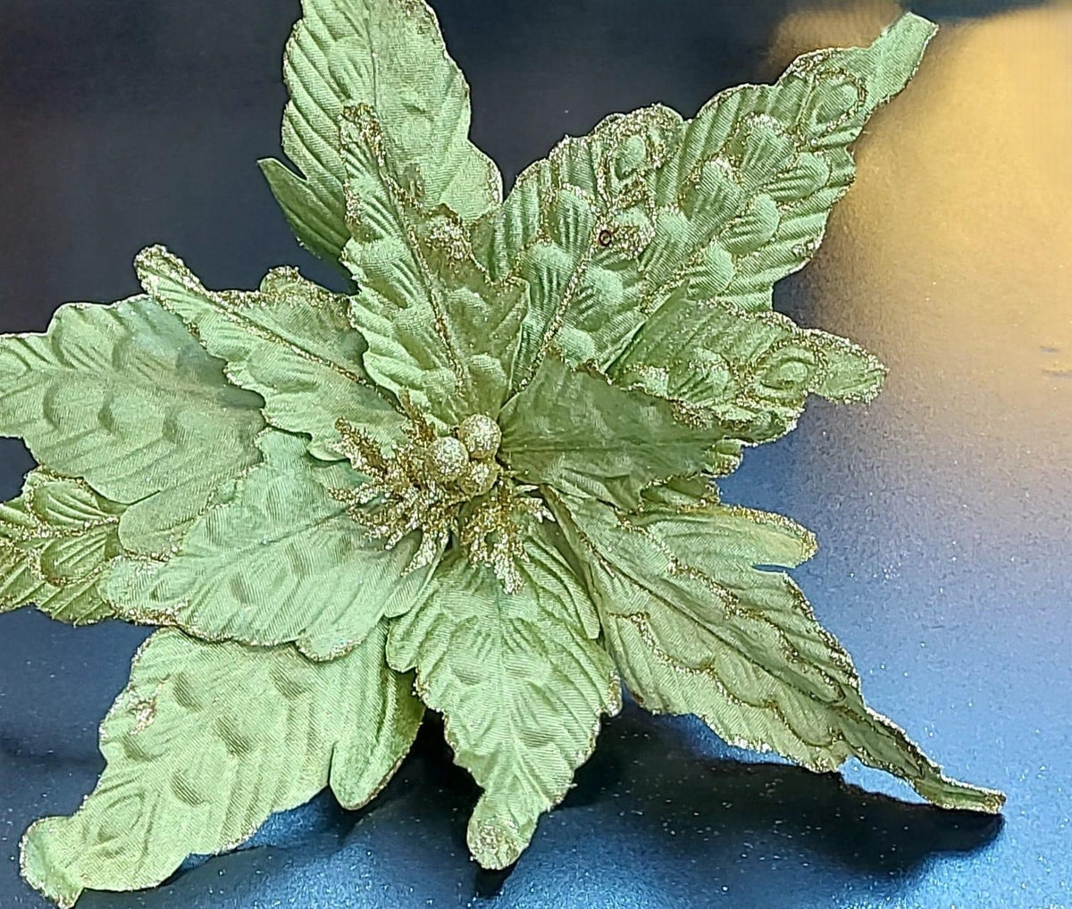 Flori Crăciun verzi cu sclipici auriu 10/set