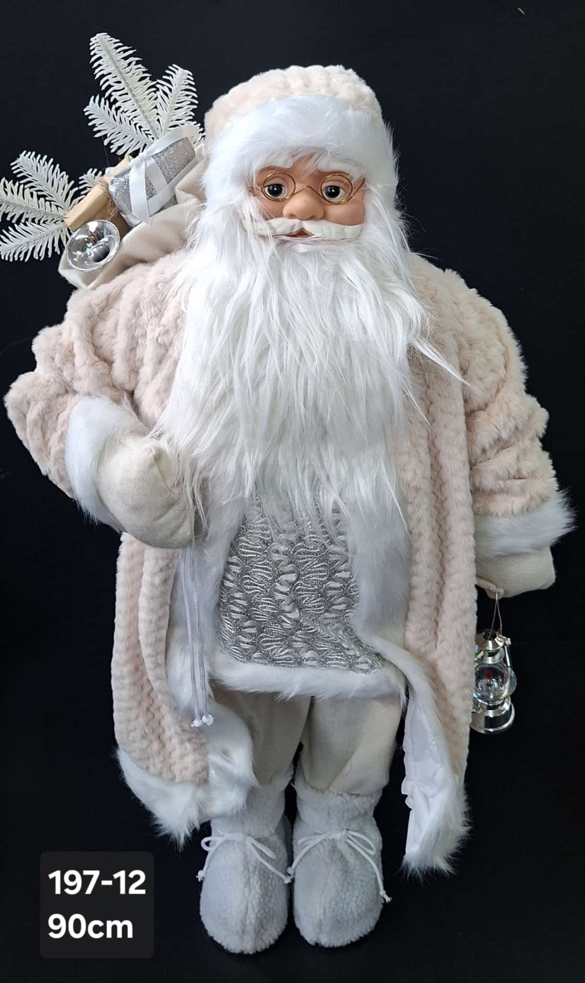 Moș Crăciun decorativ alb cu sac de cadouri și lampă - 90cm