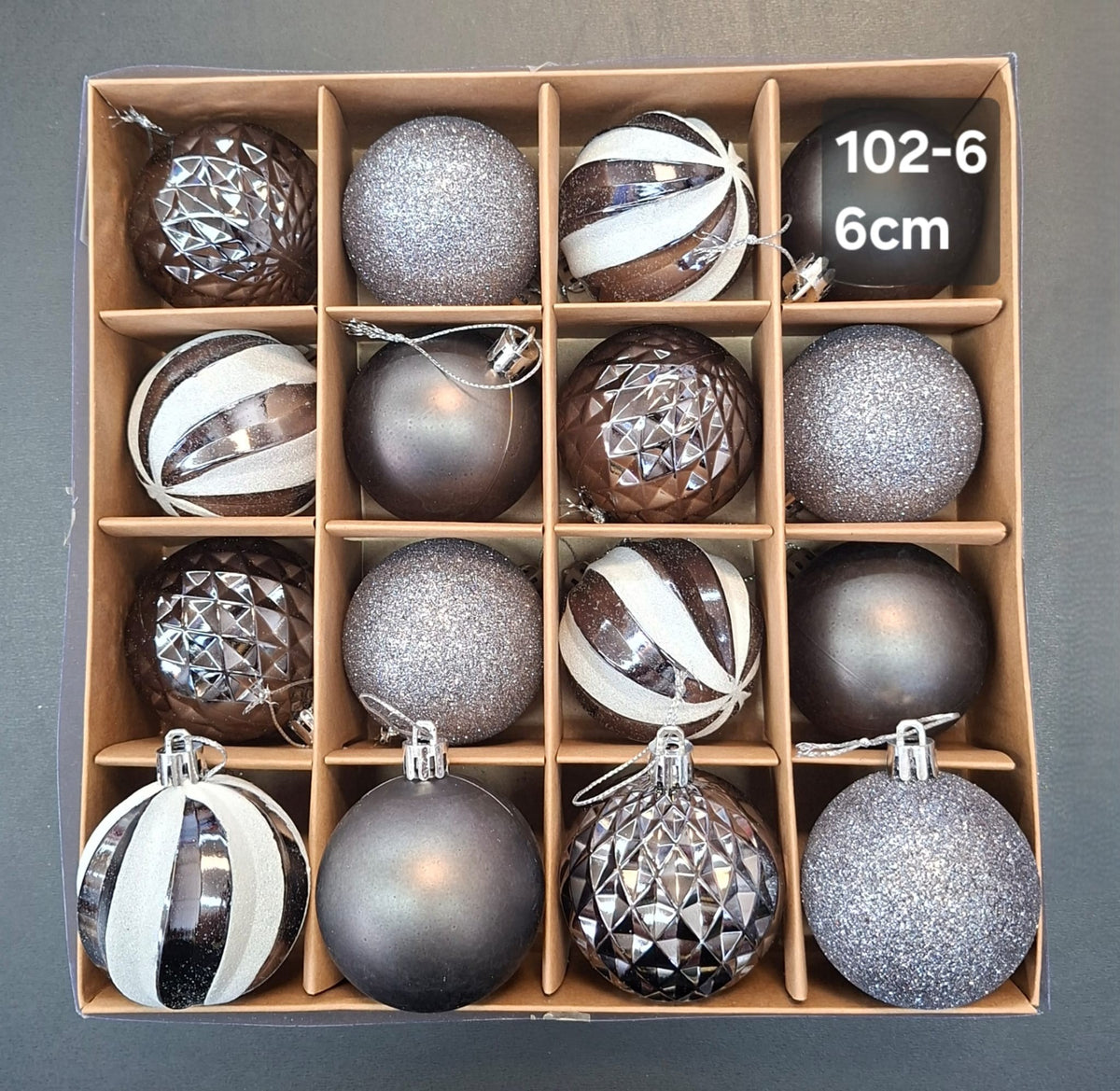 Globuri Crăciun gri, 6cm set 16 bucăți