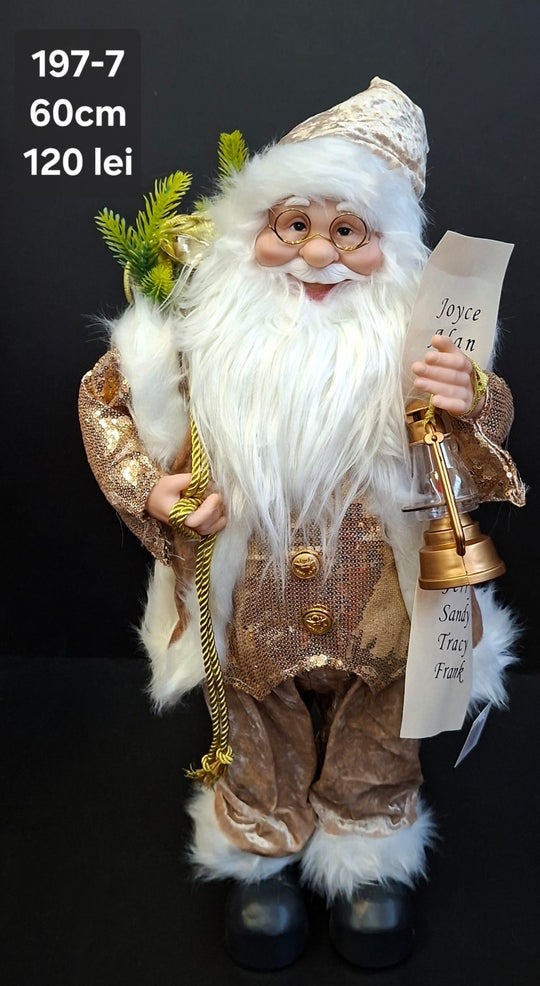 Moș Crăciun decorativ, costum auriu-crem cu listă și felinar -  60cm