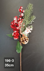 Crenguță artificială de Crăciun cu con, bobițe roșii și ren decorativ, 35 cm, set 10 bucăți