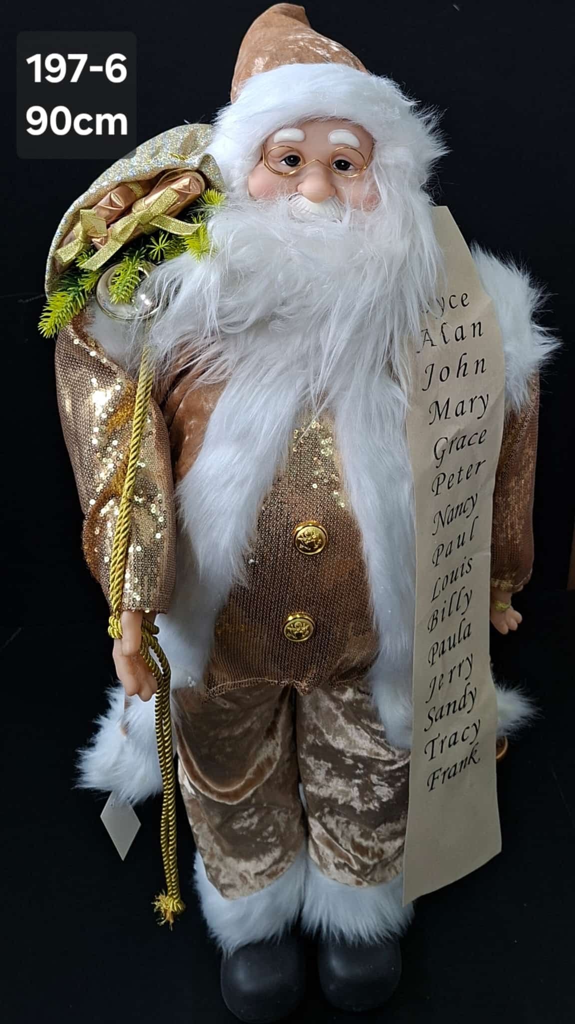 Moș Crăciun decorativ auriu cu sac de cadouri și listă - 90cm