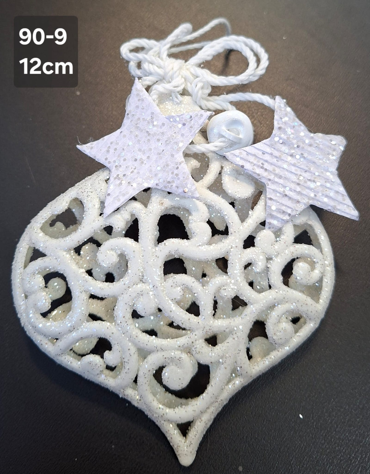 Decorațiune albă cu model filigranat și stele sclipici - 12cm set 10 bucati