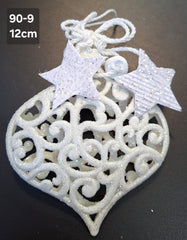 Decorațiune albă cu model filigranat și stele sclipici - 12cm set 10 bucati