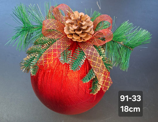 Glob decorativ Crăciun roșu cu con și fundiță aurie - 18cm