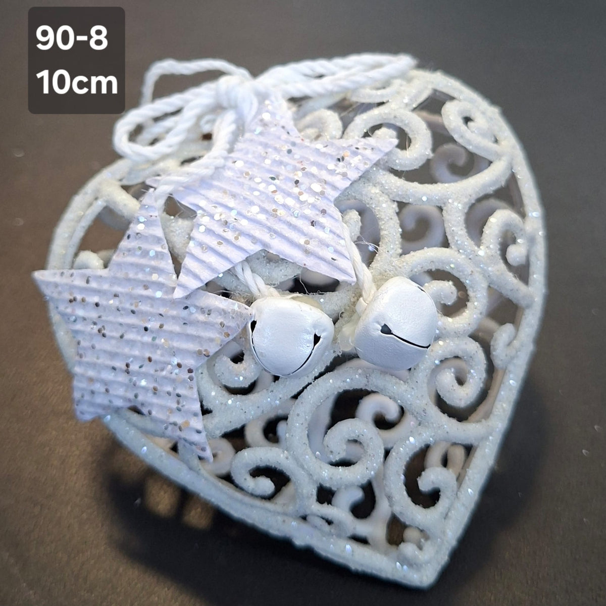 Decorațiune inimă albă cu stele sclipici și clopoței - 10cm set 10 bucati