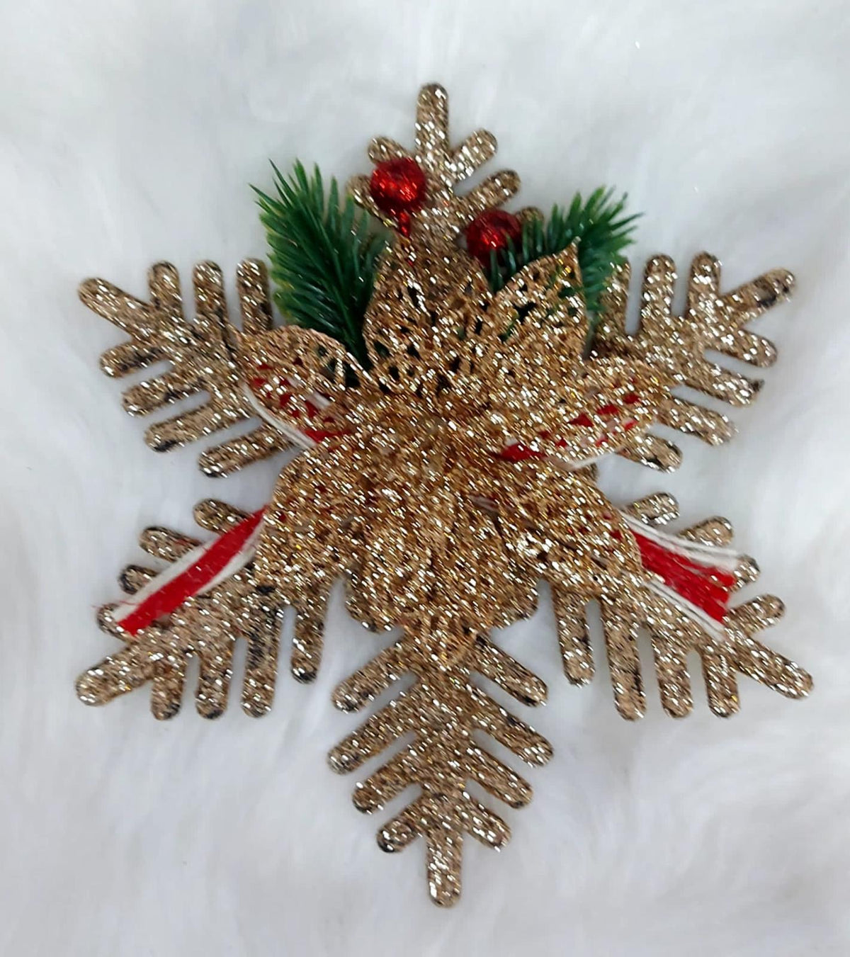 Fulgi decorativi Crăciun aurii cu floare și crenguțe verzi 15cm - 10/set