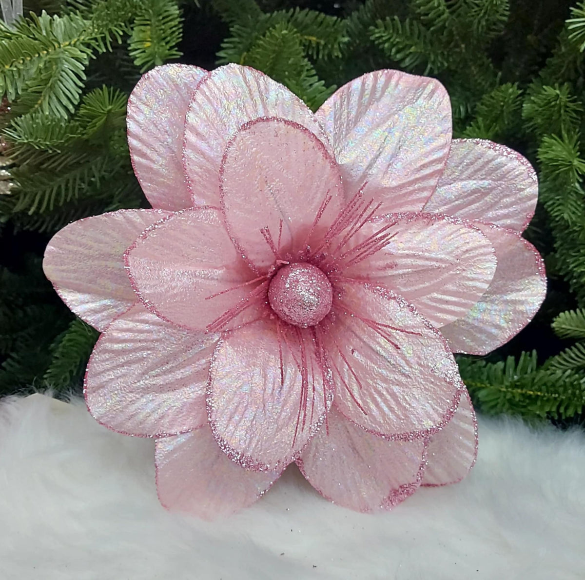 Flori Crăciun decorative roz sidefate – ornament brad și aranjamente - 10/set