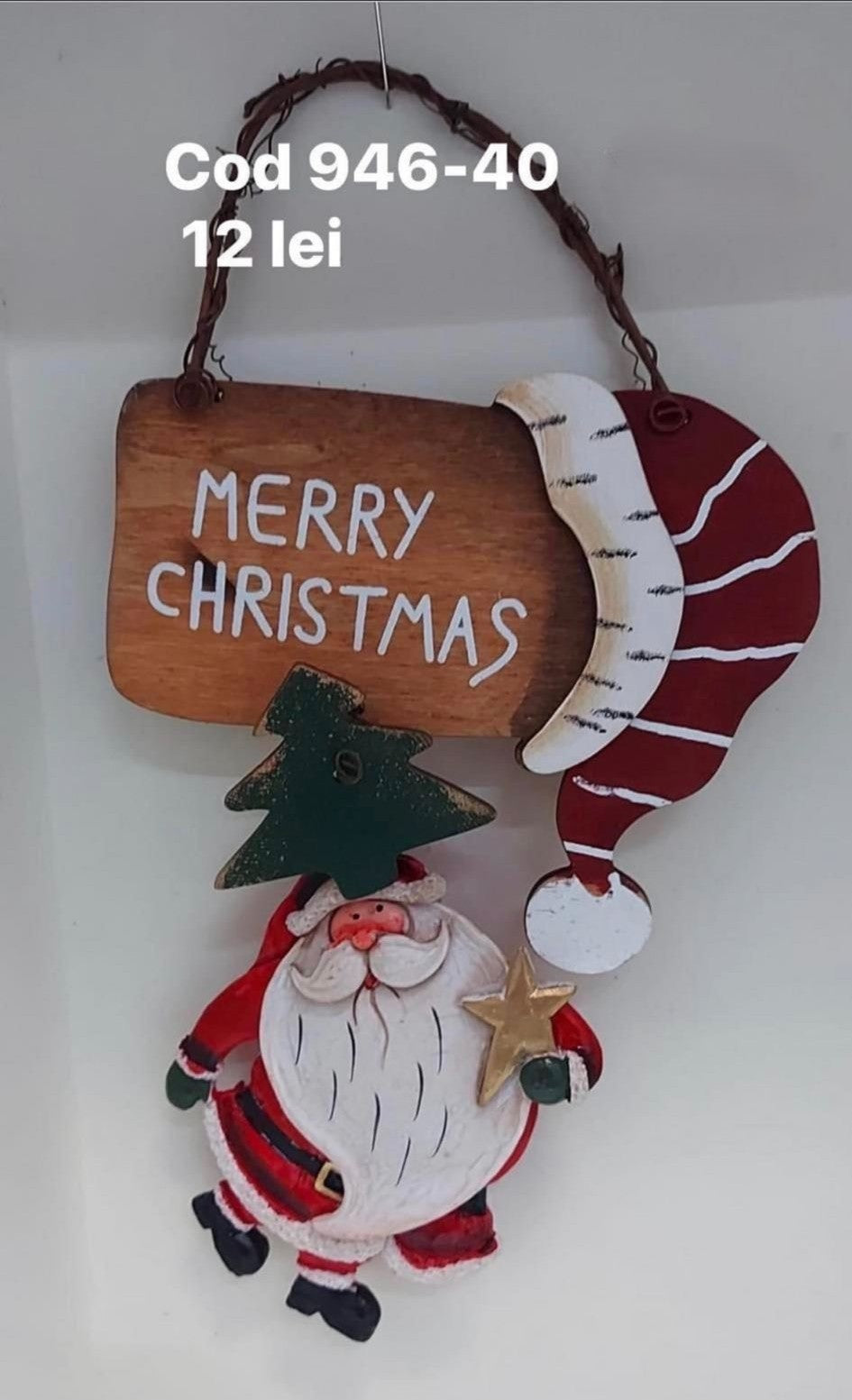 Decorațiune lemn Moș Crăciun „Merry Christmas” 16cm