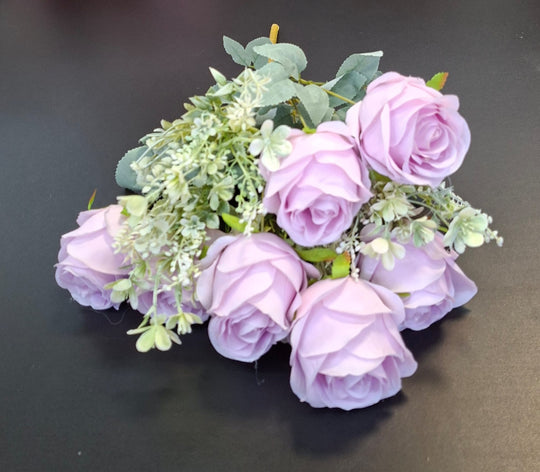 Buchet artificial 7 trandafiri mov liliac, flori mari, decor elegant, 49cm
