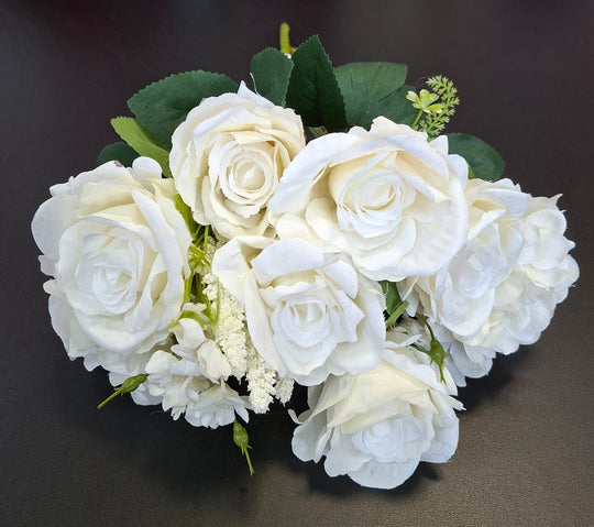 Buchet artificial cu trandafiri ivory și flori crem – 48cm