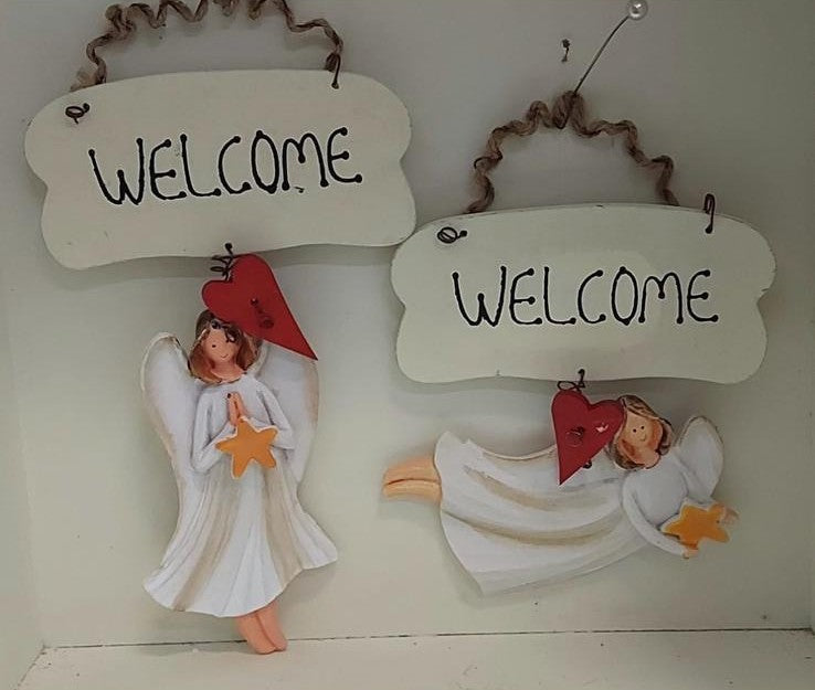 Plăcuțe decorative “Welcome” cu îngerași – decor ceramic Crăciun 2/set 15cm