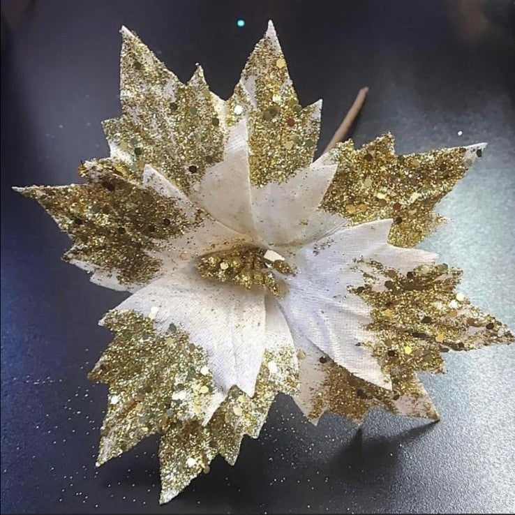 Flori Crăciun albe cu sclipici auriu - 10/set