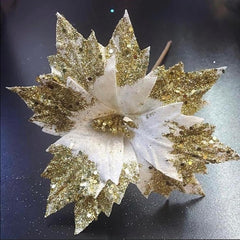 Flori Crăciun albe cu sclipici auriu - 10/set