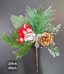 Crenguță artificială de Crăciun cu con și bobițe roșii – 20cm 10/set