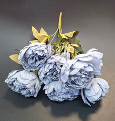 Buchet cu bujori artificiali bleu-gri și frunze galben pal – 40cm