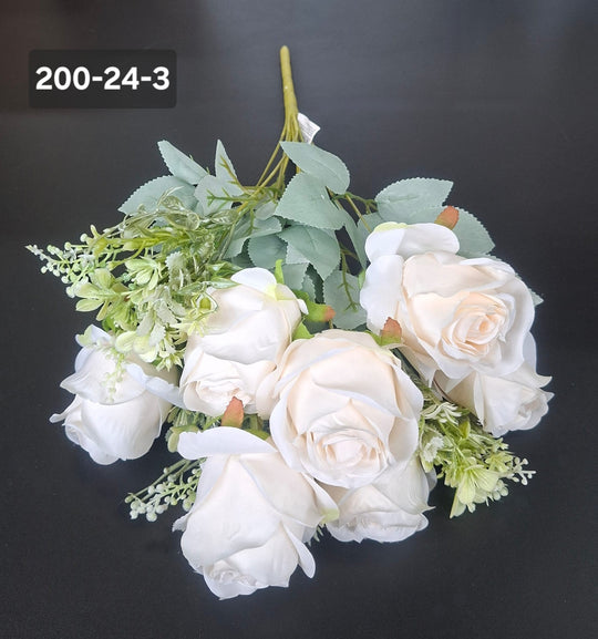 Buchet artificial 7 trandafiri crem, flori mari, decor elegant - 49cm