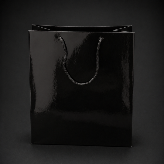 Set 12 pungi cadou negre lucioase cu mânere din șnur - 20x14cm