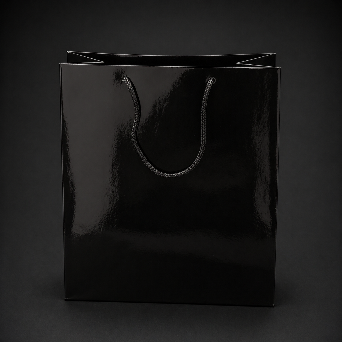 Set 12 pungi cadou negre lucioase cu mânere din șnur - 20x14cm