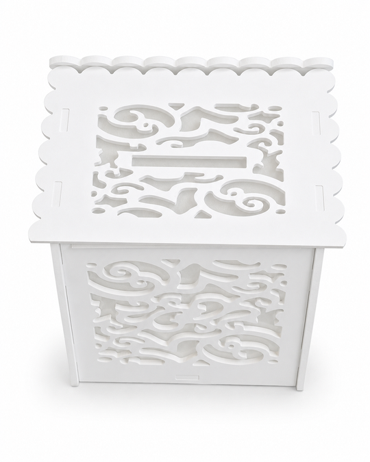 Cutie de dar albă din lemn, cu model floral traforat - 25×26×30cm