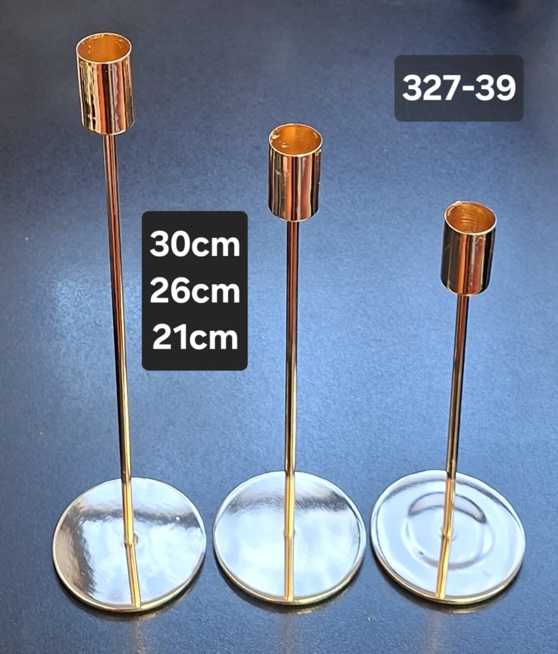 Set 3 sfeșnice metalice aurii elegante – 30cm, 26cm, 21cm