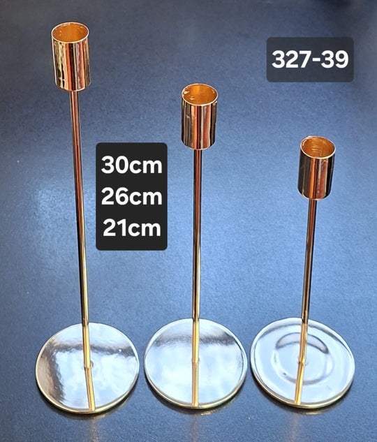 Set 3 sfeșnice metalice aurii elegante – 30cm, 26cm, 21cm