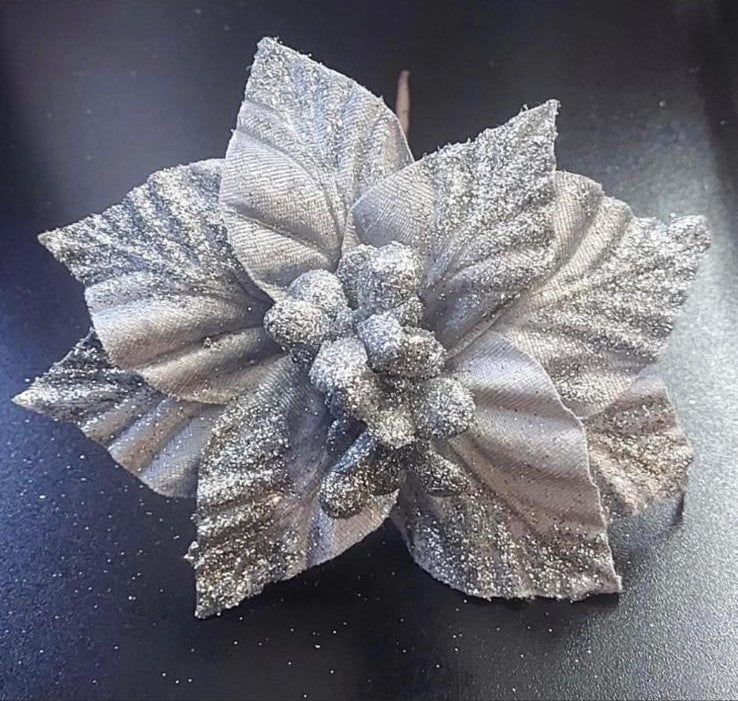 Flori Crăciun argintii cu sclipici 10/set