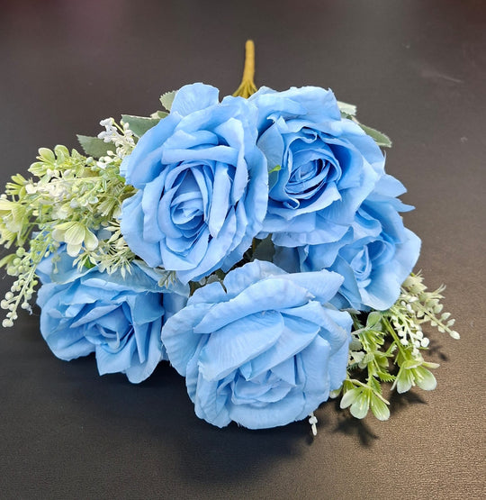 Buchet artificial 7 trandafiri albastri, flori mari - decor elegant, 47cm