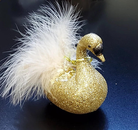 Ornament Crăciun Lebădă Aurie cu Pene și Sclipici - 15cm