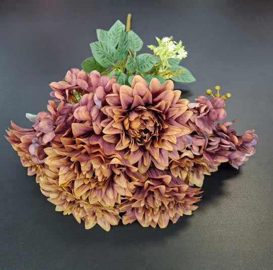 Buchet artificial dalii maro, 6 flori, 44cm