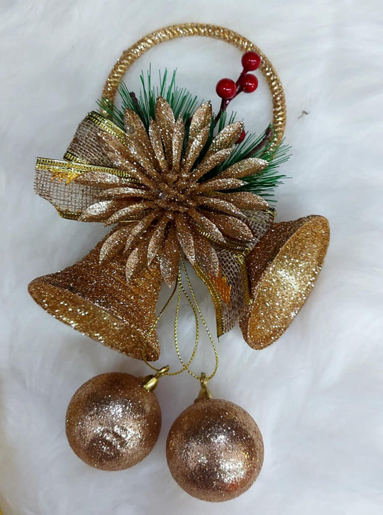 Ornament Crăciun Clopoței Aurii cu Fundă și Globuri - 10/set