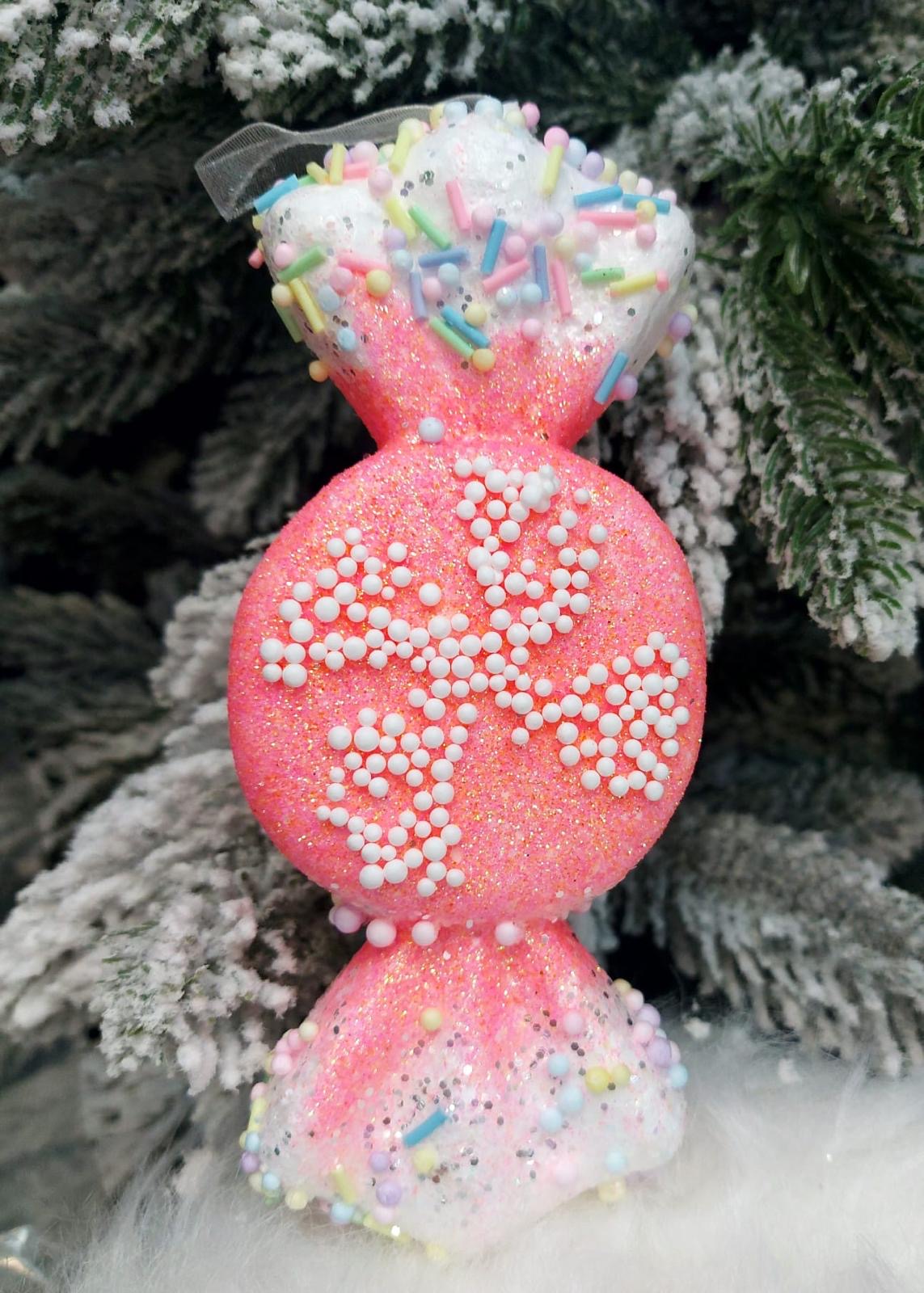 Bomboană decorativă Crăciun roz pastel cu fulg – 14cm, set 10 bucati